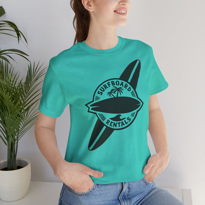 Surfboard Rentals T-Shirt, Summer Vibes Tee, Beachwear, Gift for Surfers, Casual Top, Unisex Jersey Short Sleeve Shirt